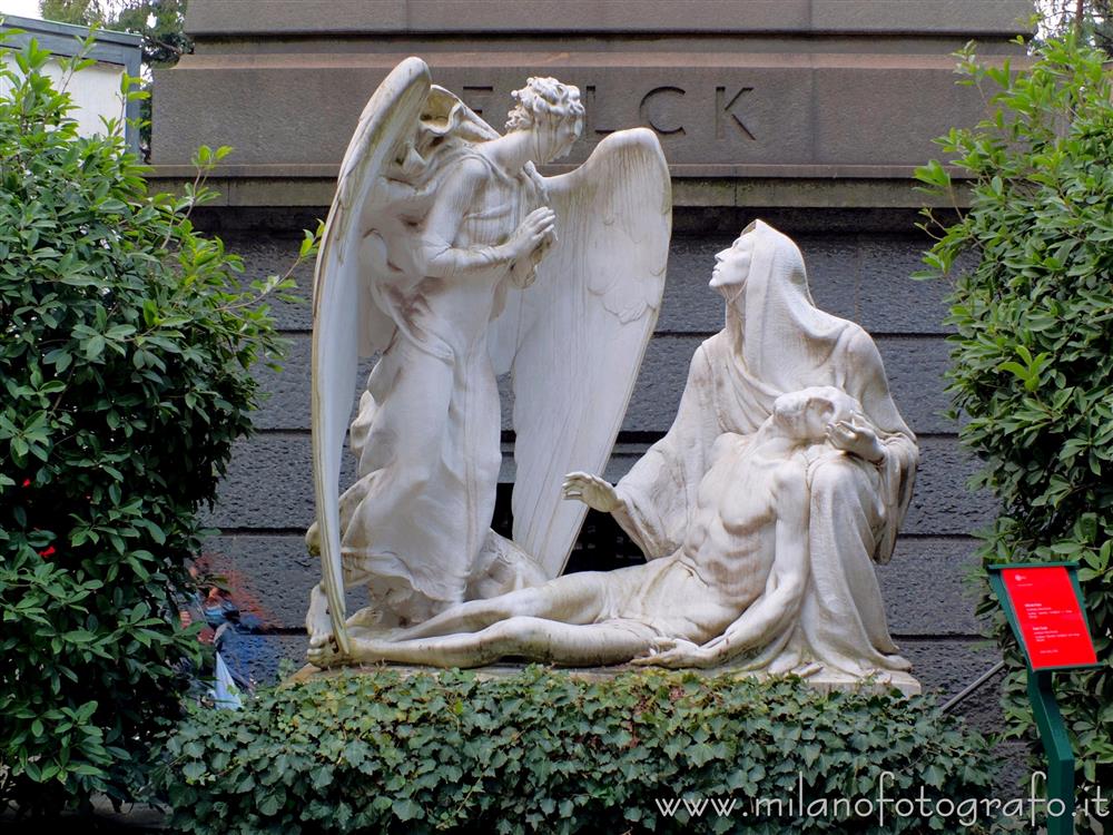 Milan (Italy) - Funerary monument in front of the Falck aedicule in the Monumental Cemetery